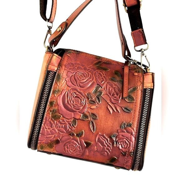 Vintage Hand-tooled Small Leather Bag Roses Crossbody Strap & Handle USA Made - Picture 2 of 11